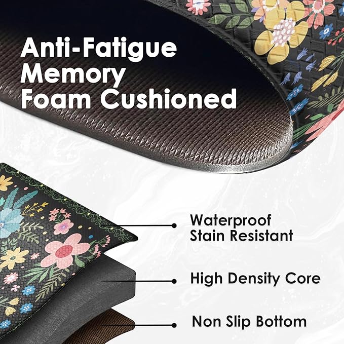 Arttown Flower Anti-Fatigue Kitchen Rug Set of 2 Floral Cushioned Floor Standing Mat Waterproof Non-Slip Mat and PVC Ergonomic Comfort Foam Rug