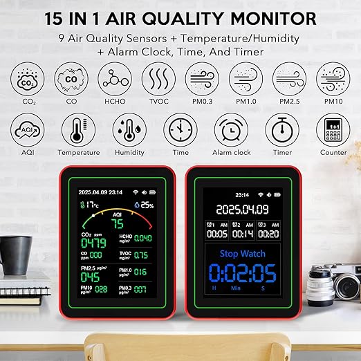 Air Quality Monitor Home Indoor - 15-in-1 Professional Air Meter with HCHO, CO2, PM, TVOC, AQI, Temperature & Humidity, Real-Time Display, App Control, Portable, Accurate for Home & Office Use