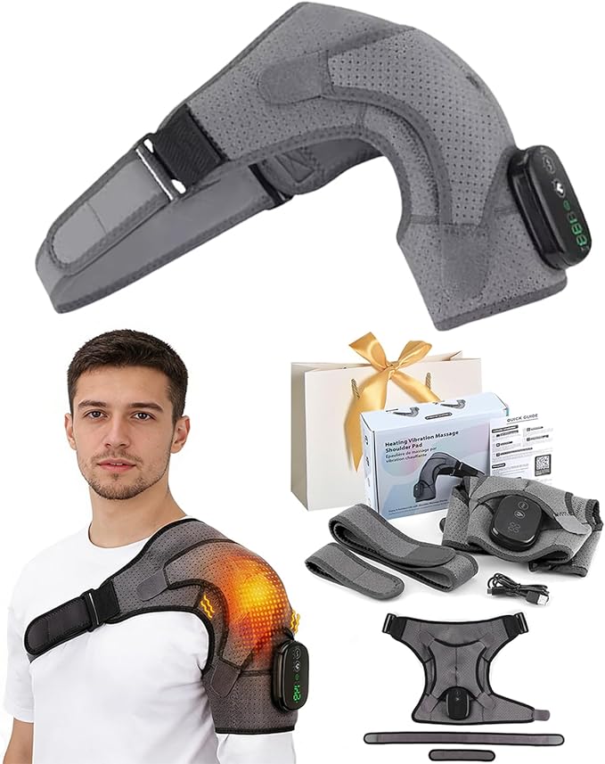 Shoulder Massager – Shoulder Heating Pad with Massage, Cordless Heated Shoulder Wrap with 3 Intensity Levels, Adjustable Straps for Deep Tissue Comfort, One-Button Operation (Gray)