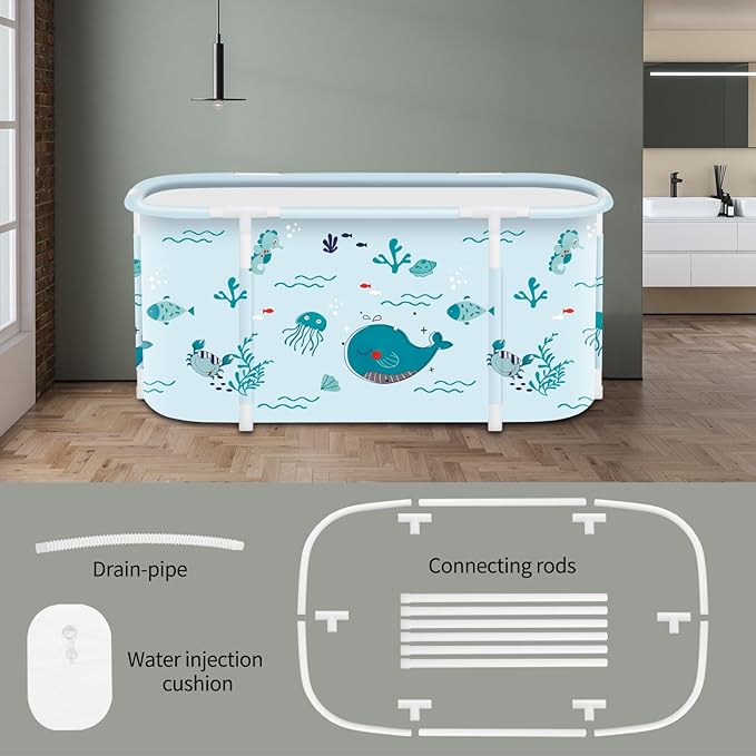 Portable Foldable Bathtub,Foldable Soaking Bathtub for Adults, Freestanding Bathtubs, Hot Bath Tub, Ice Bath, Family Bathroom SPA Tub 47.2x19.7x21.7inch (Fish)