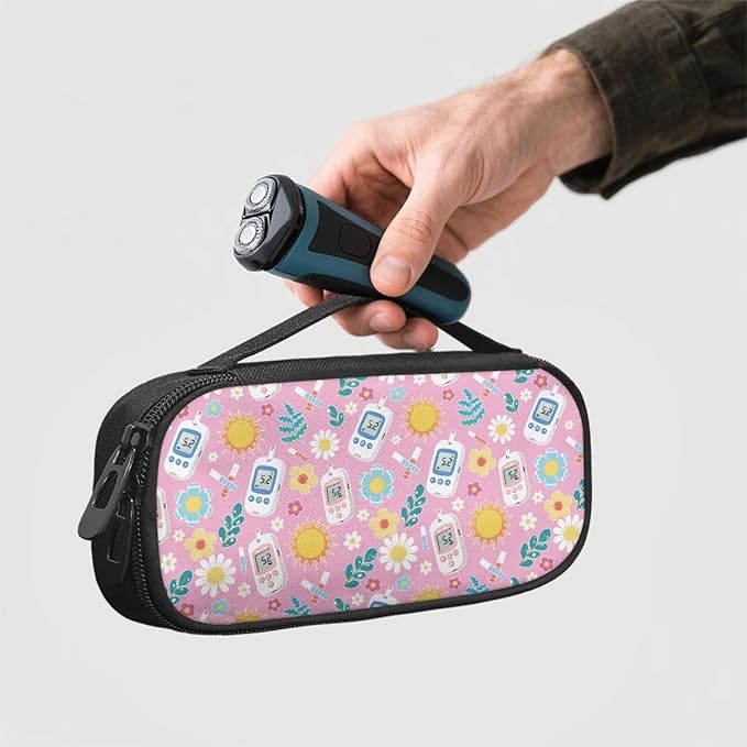 Rnyleeg Pink Diabetic Bags for Supplies Cute Sun Flowers Insulin Bag for Women Small Diabetic Supplies Storage for Home Medicine Carrying Case Glucose Meter Cases