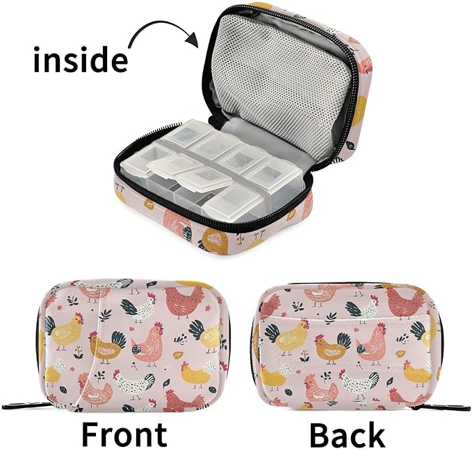 Fustylead Cute Cartoon Hens and Roosters on Pink Background Travel Pill Case Bag with Zipper Weekly Pill Box 8 Compartments 7 Day Personal Pill Case Purse Medicine Case Organizer