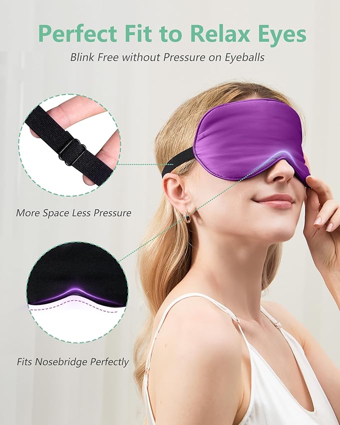 BeeVines Sleep Mask, 4 Packs 100% Real Natural Pure Silk Eye Masks with Adjustable Strap for Sleeping, Mulberry Silk Eye Sleep Shade Cover, Block Light Reduces Puffy Eyes Traveling Gifts(Purple)