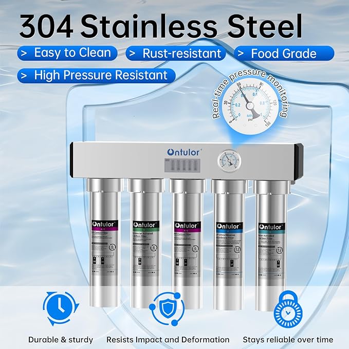 Ontulor S2OP-U1 Ultra Filtration Under Sink Water Filter System - 0.01 Micron Stainless Steel Tankless Filtration System w/Pressure Gauge & Filter Life Indicator, Reduces Chlorine, Taste and Odor