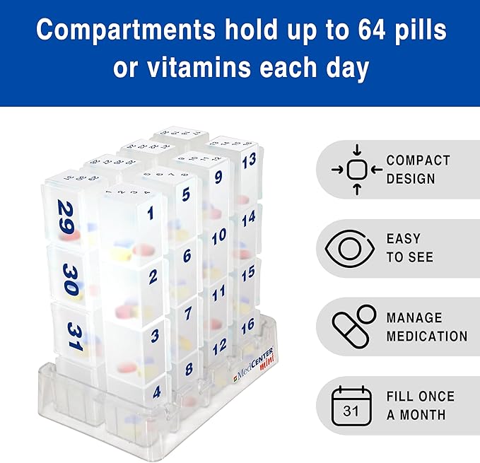 MedCenter Monthly Pill Organizer HSA/FSA – 31-Day Pill System with Daily Numbered Boxes, Travel Canvas Pouch & Bonus Tweezers – Easy, Organized, and Simple Medication Management