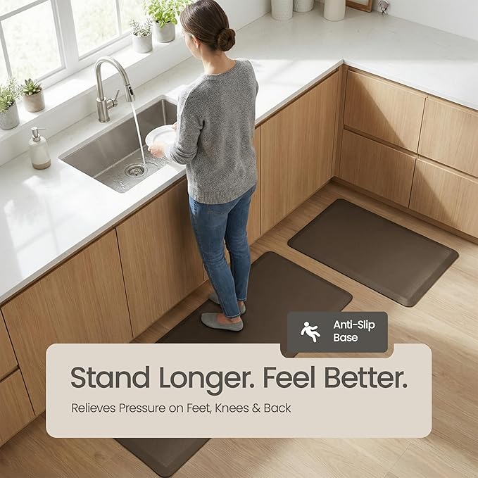Anti Fatigue Kitchen Mats for Floor | Padded Kitchen Rugs | Non Slip, Cushioned Standing Desk Mat | Waterproof Floor Mat | 17.3" x 28" x 0.47" & 17.3" x 47.2" x 0.47", Brown, 2-Pack | More Décor
