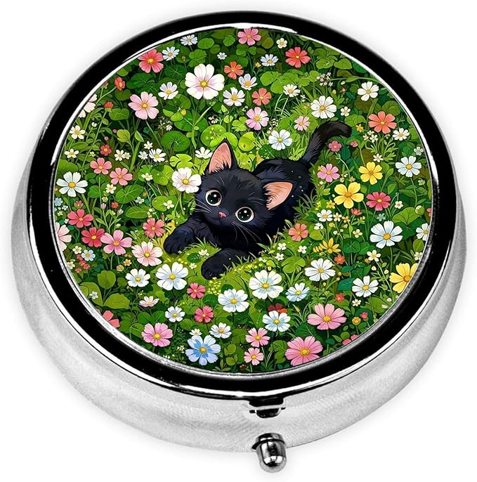 Garden Cat Pill Box 3 Compartment Small Pill Case,Portable for Pocket or Purse Pill Organizer Pill Container Holder with Mirror to Hold Vitamins, Medication, Fish Oil and Supplements