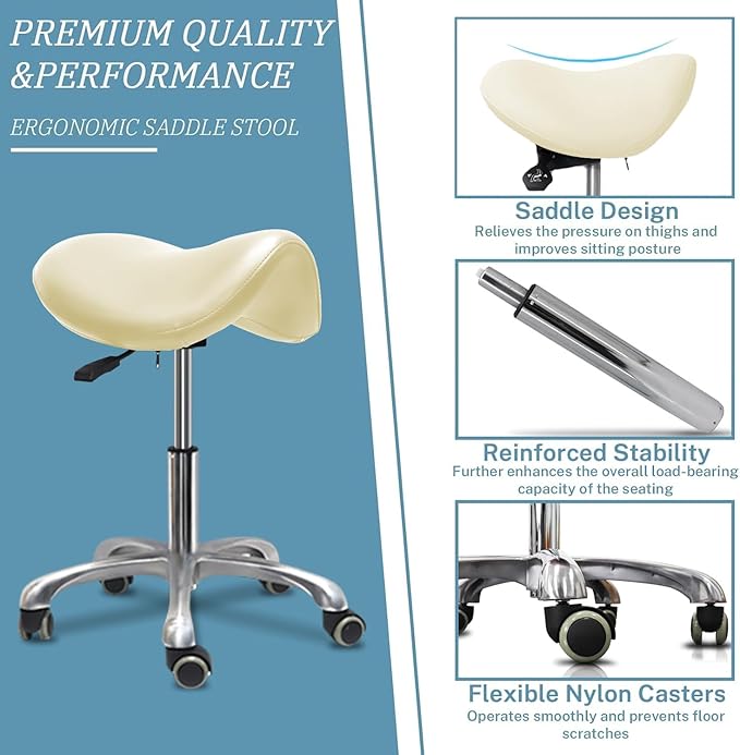Saddle Stool with Wheels,Rolling Stool,Rolling Chair Ergonomic Swivel Rolling Chair with Hydraulic Lifting Height Adjustable Rolling for Office Medical Massage Salon Drafting(White)