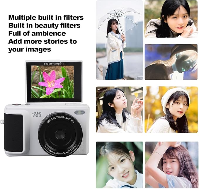 4K Digital Camera for Photography, 64MP Vlogging Camera, 18X Digital Zoom, Autofocus Video, 2.8in 180° Flip Screen, Compact for Beginner