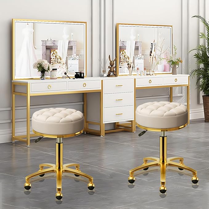 Rolling Stool Gold Vanity Stool with Wheels, Pedicure Massage Roller Stools, PU Leather Round Swivel Salon Spa Chair, Titanium Gold Base, Height Adjustable 43-55 cm (Off White)