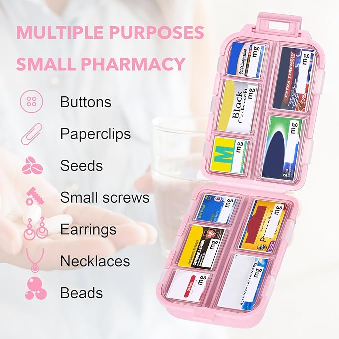 Large Travel Pill Organizer with Medicine Labels, Travel Pill Box Medicine Organizer Daily Pill Container 10 Compartments Purse Pill Case (Pink, 189 Lables)