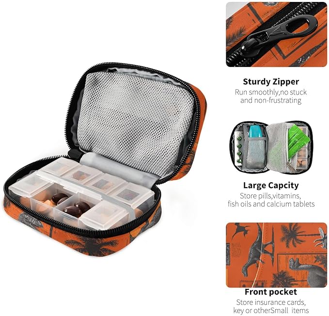 Orange Dinosaur Palm Trees Travel Pill Organizer Case Box Container Weekly Portable Vitamin Medicine Holder Storage Bag with Zipper Removable