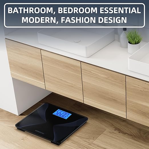 Scale for Body Weight 560lbs MPBEKING High Capacity Bathroom Scales Extra Large Platform Accurate Weighing Scale LCD Backlit Display with Tape Measure & 4 AAA Batteries (Black)