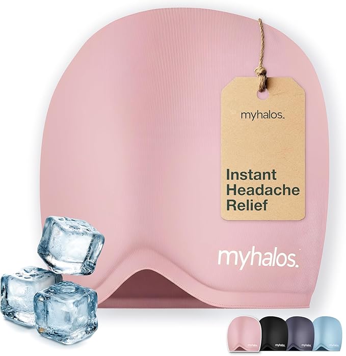 MyHalos® Migraine Relief Cap – 30% Thicker Ice Hat 2X Cooling Gel, Headache & Sinus Ice Pack Wrap, Cold Therapy for Migraine, Tension, Hangover, Facial Pain, Strap-Free, Odor-Free Storage Included