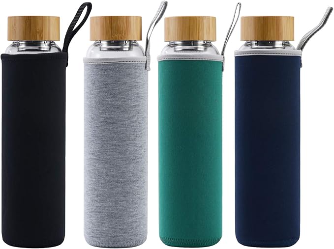 sunkey Glass Water Bottle 32 oz Wide Mouth with Sleeve Bamboo Lid Motivational Water Bottle With Time Marker Reusable Safe for Hot Cold Drinks Bpa Free (Gray)