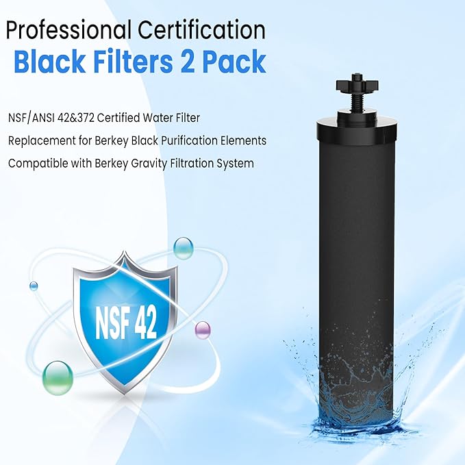 Black Filter 4 Packs by NSF/ANSI 42 Certified, Replacement for BB9-2® Purification Elements Filters, Compatible with Berkey Gravity Filtration System, Replacement for Berkey Black Filters