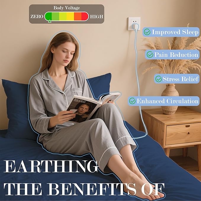 Ali King Grounding Sheets - Full XL Size, Soft Cotton with Silver Fiber, 15'' Deep Pocket Earth Grounding Fitted Bed Sheets for Improved Sleep (Navy Blue, Full XL 54''*80''*15'')
