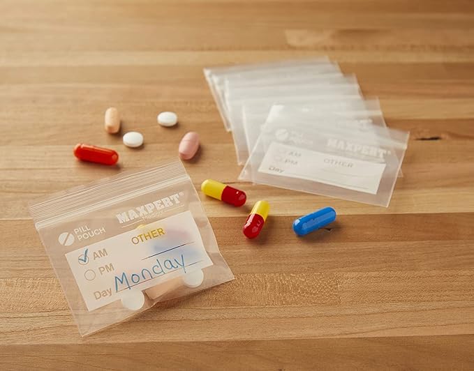 Pill Pouches, Plastic Pill Bags (Pack of 200) – Pocket Travel Pill Baggies – Resealable Zipper Pill Organizer Pouch Bags – 3” x 2” – Daily Medicine Storage Pouches – Clear w/Write on Label
