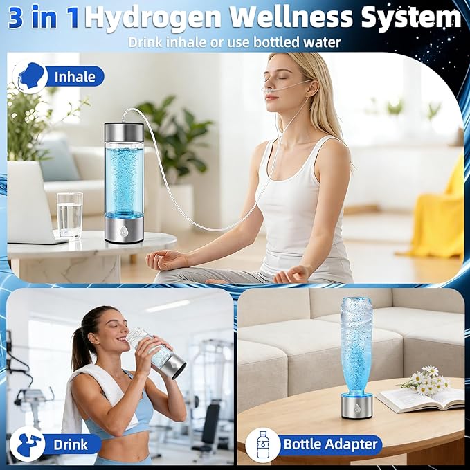 Hydrogen Water Bottle Generator 3 in 1, Hydrogen Water Mark Up to 4000PPB, SPE/PEM Tech-3 Min Hydrogen Rich for Drinking and Inhalation, Auto Clean, Portable for Home Gym Office Travel (16OZ,Sliver)