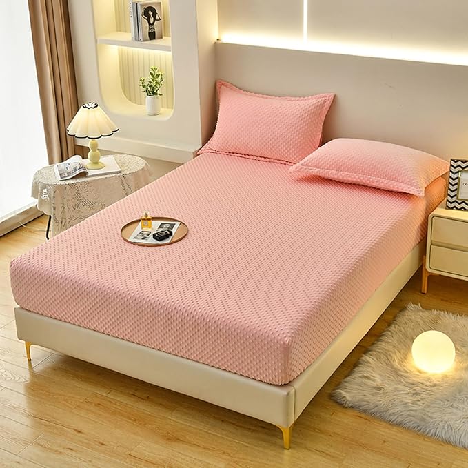 ZIQINPSQ Coral Velvet Fitted Sheet-Thickened Cold-Resistant and Warm Bed Sheets-Soft Velvet Fleece Fitted Sheets with-Elastic All Around. (Pink, California King)
