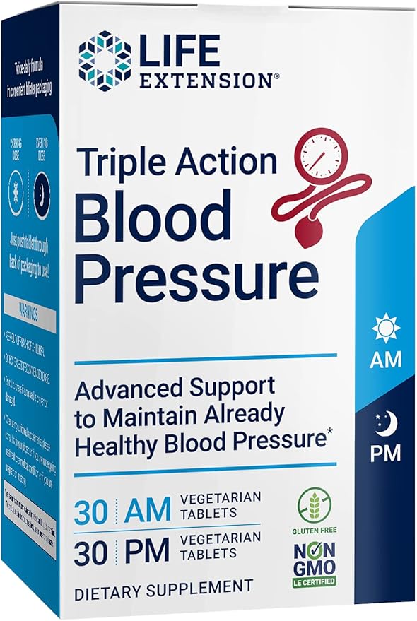 Life Extension Triple Action Blood Pressure, Heart Health Supplement, quercetin, stevia Extract, melatonin, Morning and Night Support, Gluten-Free, Non-GMO, Vegetarian, 60 Tablets