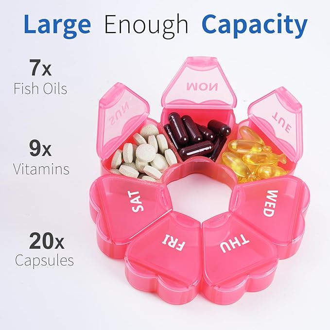 Pink Weekly Pill Organizer, Pill Box 7 Days, Daily Vitamin Case with Large Capacity Compartments, Pills Containers for Fish Oil Medicine and Other Supplements
