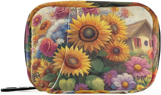 Travel Pill Case Colorful Spring Sunflower and Rose Weekly Small Pill Box 7 Day Pill Box Pill Organizer Bag