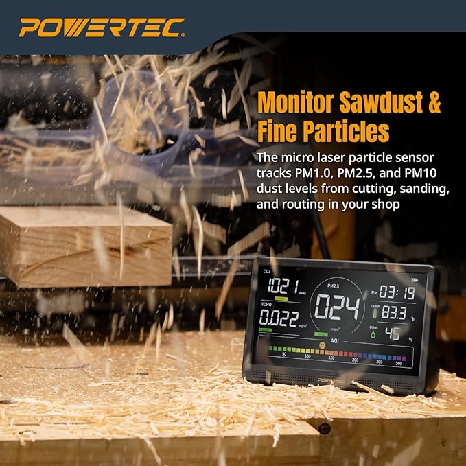 POWERTEC AD1001 Air Quality Monitor with 7" LCD Display - Multi-Sensor CO₂, PM2.5, PM10, TVOC, HCHO, Detector, NDIR Sensors, Rechargeable Indoor/Workshop Air Monitor