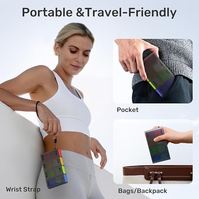 Weekly Pill Organizer 1 Time a Day – Travel Pill Case 7 Day, Small Pill Box 8 Compartments Push Open, with Color Slots, Medicine Organizer for Fish Oil, Vitamins, with Wrist Lanyard, BPA Free, Black