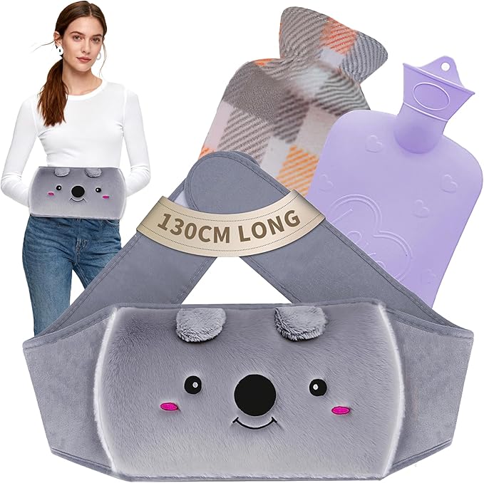 Hot Water Bottle wtih Cover, Hot Water Bag, 1L Rubber Warm Hot Water Bottles Pouch with 130cm Long Soft Waist Cover for Neck, Shoulder, Back, Hand, Legs and Period Pain Relief