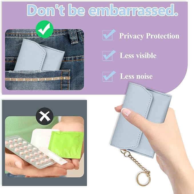 4Pcs Birth Control Pill Case Holder, PU Leather Birth Control Case Sleeve Wallet with Snap and Keyring, Privacy Protection Contraceptive Medicine Holder Keychain