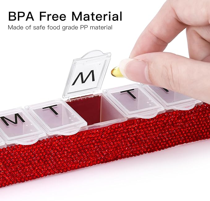Soleebee Portable Weekly 7 Day Pill Organizer, Bling Crystal Pill Box Case, Travel Pill Planner, Pill Dispenser, Medicine Vitamin Container Organizer (Red)