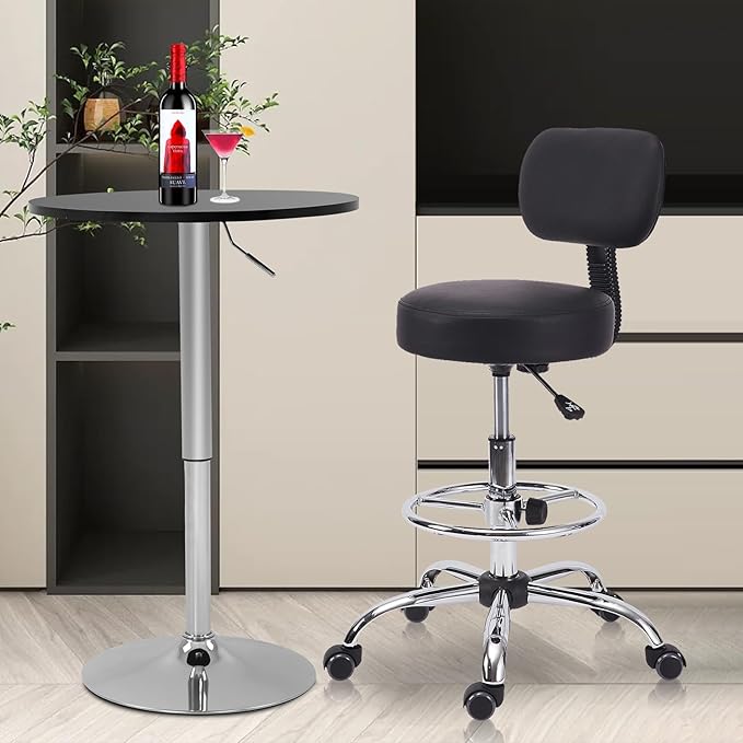 Drafting Stool Chair with Ergonomic Backrest & Footrest, Padded Leather Seat Adjustable Height 360° Swivel Rolling Stools, Tall Office Chair for Standing Desk, Counter, Medical, Black, 4 Pack