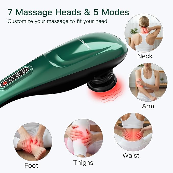 MEGAWISE Handheld Back Massager w/Rechargeable 3200mAh Battery, 5 Speed and 5 +2 Massage Nodes with Hard (Dark Green)