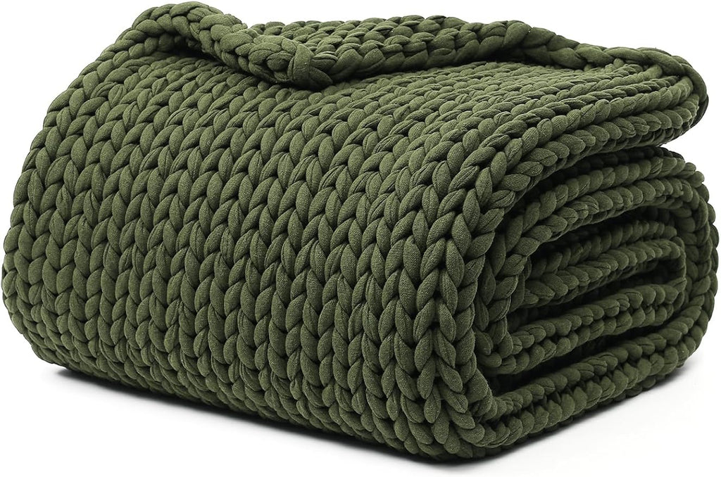 YnM Cotton Weighted Blanket, Handmade Chunky Knitted Design, Soft and Cozy, Temperature Regulating and Breathable, Machine Washable Throw for Sleep or Home Decor (Pine Green, 43x50 Inch, 10lbs)