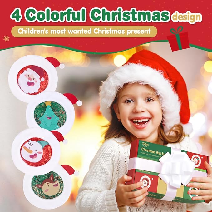 Christmas Kids Ice Packs 4 Pack with Santa Hat Covers, Reusable Festive Gel Packs for Kids Stocking Stuffers, Holiday Boo Boo Relief Gifts for Toddlers Boys & Girls, Small Hot Cold Compress