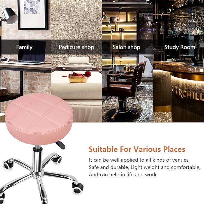 KKTONER Round Rolling Stool Chair PU Leather Height Adjustable Shop Stool Swivel Drafting Work SPA Salon Stools with Wheels Office Chair (Pink)