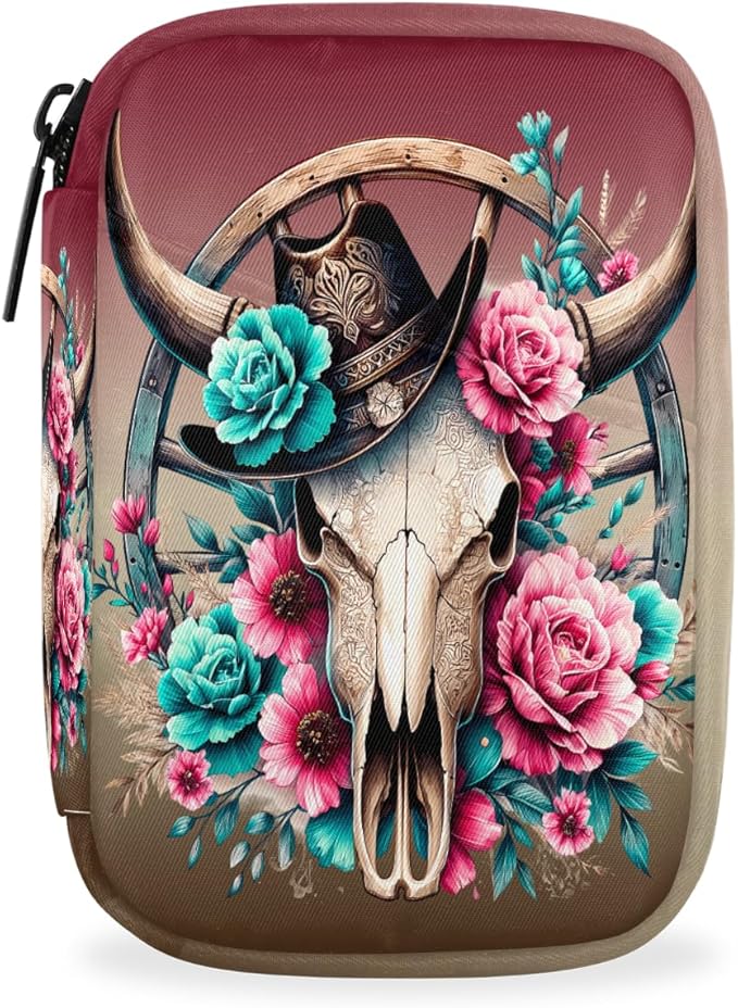 Western Cowboy Skull Pill Case Travel Pill Organizer Weekly 7 Day Portable with Zipper Medicine Box Pill Case for Vitamins, Birth Control,Fish Oils,Medication, Supplements