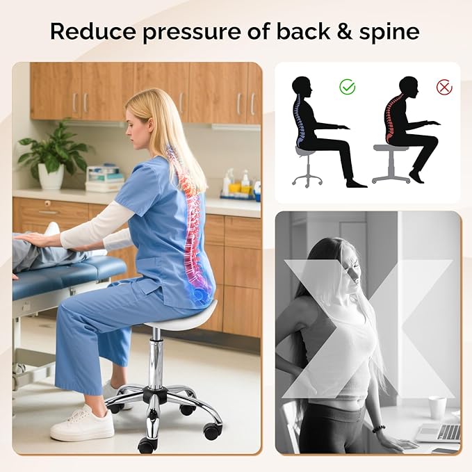 OmySalon Adjustable Saddle Stool with Footrest, Hydraulic Rolling Salon Chair, 360° Swivel Wheels Ergonomic Stool for Hair Stylists, Tattoo Artists, Office, Spa, Massage, Dental (White)