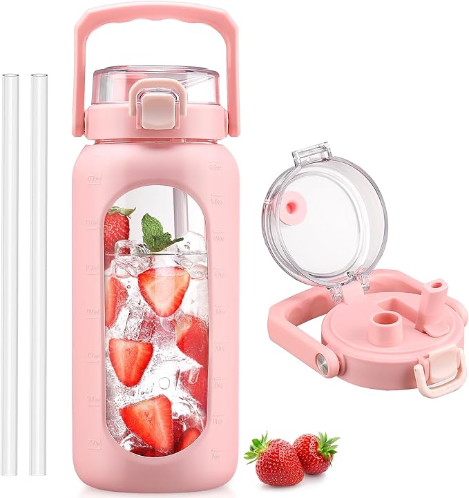 BLUEGO 64oz Glass Water Bottle with Handle and Straw, Motivational Sports Water Bottle with Time Marker and Silicone Sleeve Leakproof Drinking Bottle for Travel Gym Workout, Pink
