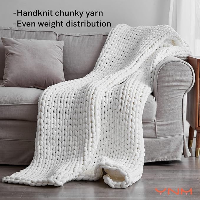 YnM Knitted Weighted Blanket, Hand Made Chunky Knit Weighted Throw Blanket for Sleep or Home Décor, Rest and Relax in Style Handmade Weighted Blankets (White, 80''x87'' 25lbs)