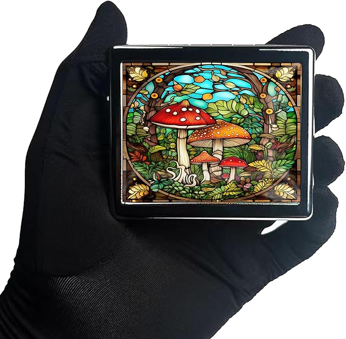Travel Pill Organizer 7 Day Metal Pill Box with Mirror and 8 Compartments Cute Travel Pill Organizer for Purse (Mushroom Garden)