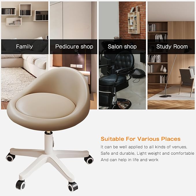 Rolling Stool Chair with Backrest, Round PU Leather Adjustable Height Hydraulic Swivel Rolling Stool for Spa Salon Tattoo Massage Doctor Dental Medical Office Khaki