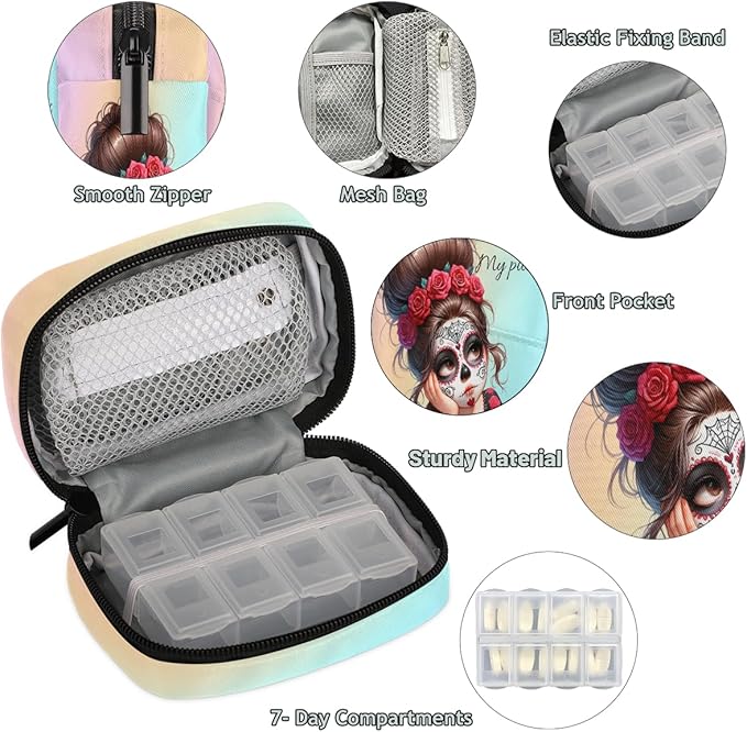 Red Rose Girl Skull Travel Pill Organizer Box Weekly Portable Pill Case Daily Pills 7 Day Small Birth Control Pills Container Removable Compartments for Medicine Vitamins Fish Oil