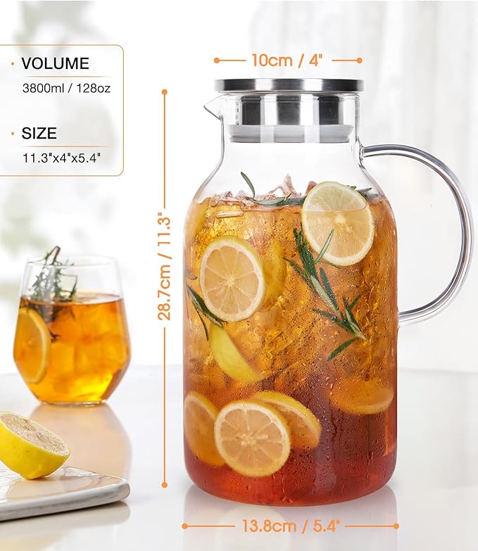 LUNA&MANTHA 1 Gallon Glass Pitcher with Lid and Spout, 128oz Water Pitcher with Handle for Fridge, Large Iced Tea Jug for Juice, Coffee, Sangria, Beverage, Borosilicate Glass Carafe Hot/Cold Drink