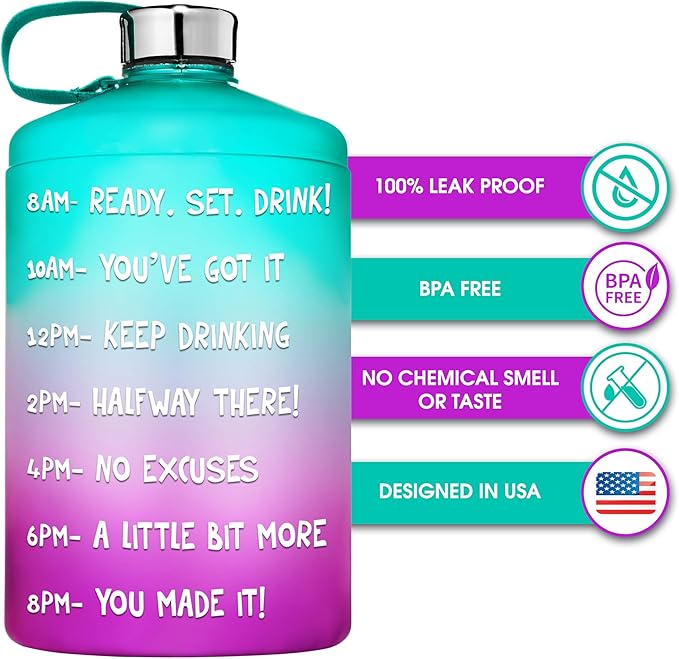 NatureWorks HydroMATE 1/2 Gallon Water Bottle with Times to Drink BPA Free Leak Proof Reusable Jug with Handle 64 oz