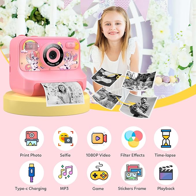 Instant Print Camera for Kids Age 3-12 Girls Boys 1080P HD Digital Video Cameras with 5 Print Paper & 32G Card Toddler Portable Travel Toys Camera for Christmas Birthday Gifts