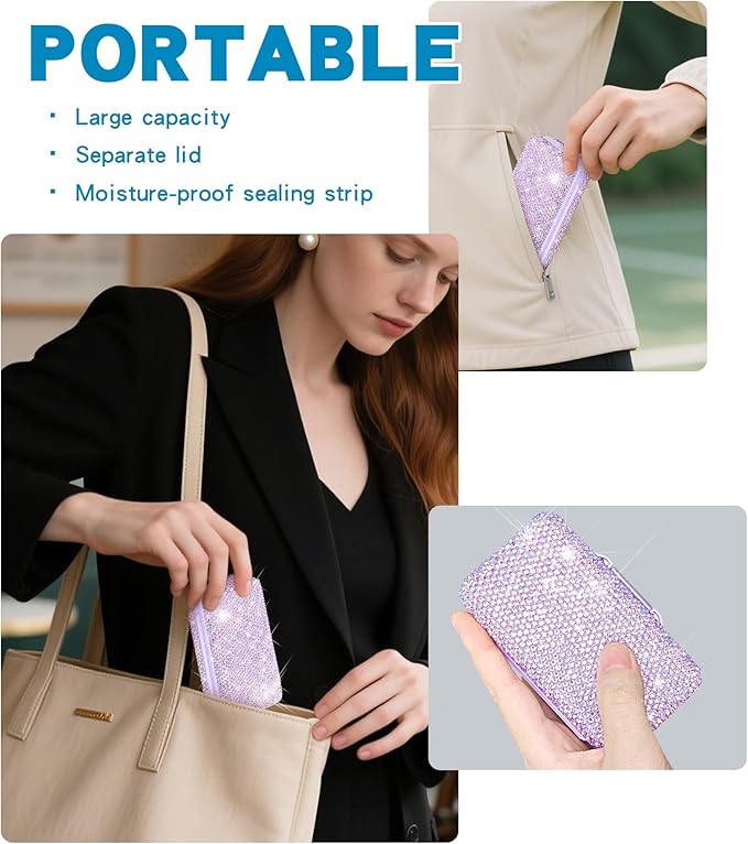 Yivaiks Bling Travel Pill Organizer Crystal Rhinestone 8 Compartments Portable Pill Case Daily Pill Box to Hold Vitamins Small Pill Container for Pocket Purse Medicine Organizer(Purple)