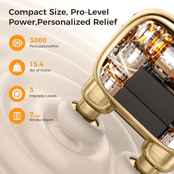 Beyn Mini Massage Gun,Palm-Sized Massage Gun,Powerful Deep Tissue Muscle Massager for Travel,Sports& Daily Use,With 3 Speeds & 3 Massage Heads(Light beige)