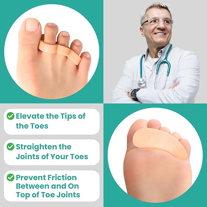 Welnove Hammer Toe Crests Straightener 4 Pcs Gel Toe Support Pads Cushion Relief for Overlapping-Curled-Hammer-Claw Toes, 3 Loop Design, Beige